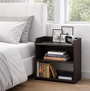 FireBees Modern Wooden Bedside Table with 3 Shelves | Compact Side Table for Bedroom & Living Room | Bed Side Table Organizer, End Table & Home Furniture | Dark Brown (40.6x25.4x50.8 cm)