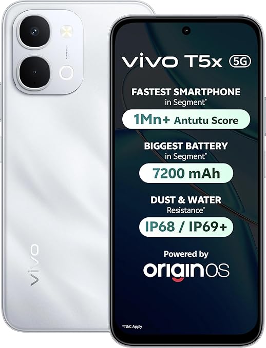 vivo T5X 5G (Star Silver, 6GB RAM, 128GB Storage) | 7200mAh Battery | 50MP Dual Camera | 32MP Selfie Camera | 6.76" HD+ Display | Dimensity 7400-Turbo Processor